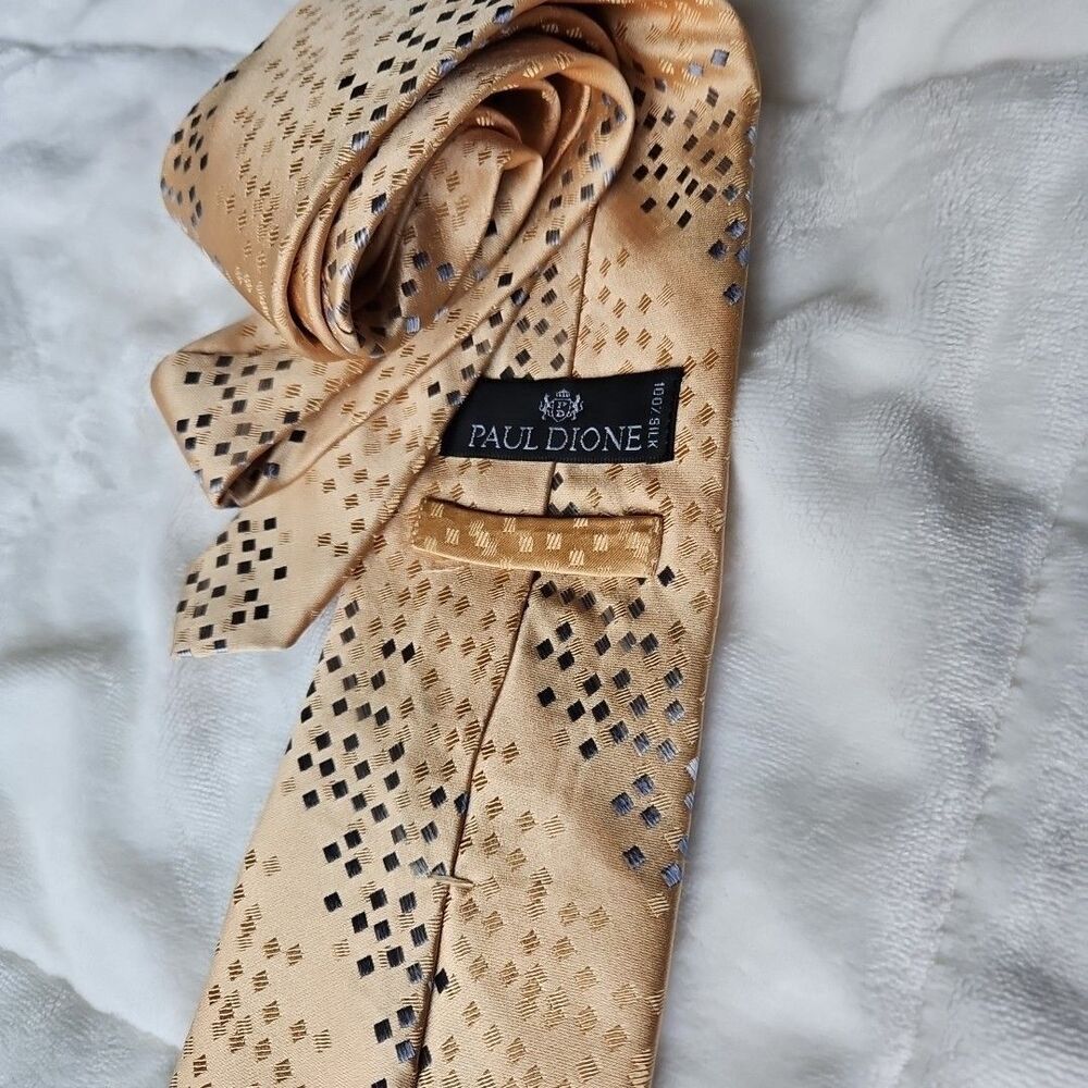 Paul Dione  100% Silk  Modernistic/Impressionist‎ Blue & Gold Checked Necktie - Picture 2 of 5
